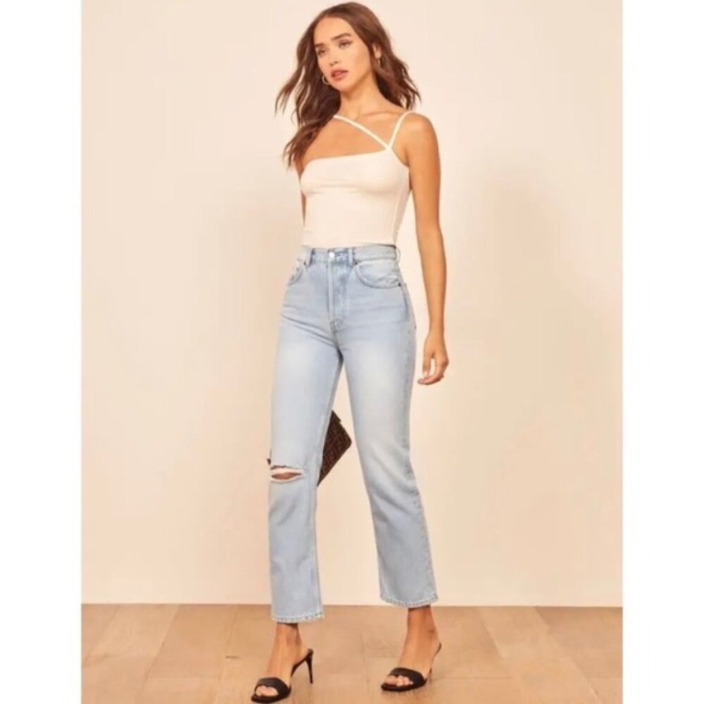 Reformation Cynthia High Rise Straight Cropped Jeans in Tahoe Destroyed
